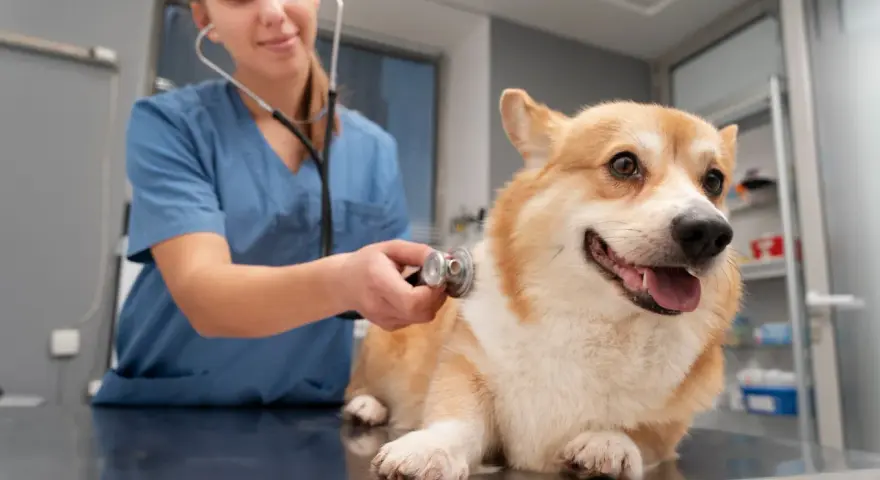 Weterynarz osłuchuje corgi. Czy do weterynarza trzeba się umawiać? Zazwyczaj tak, aby zapewnić pupilowi najlepszą opiekę.