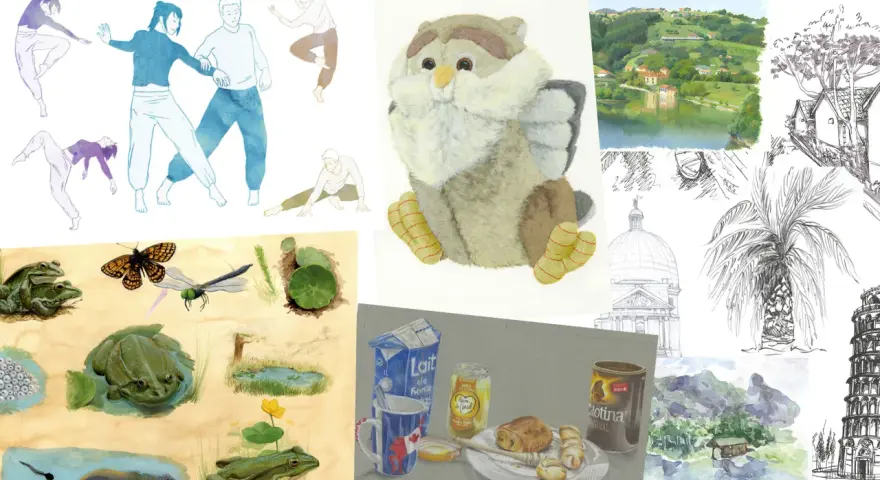 Un livre de dessin présente des aquarelles de danseurs, de grenouilles, d'un hibou en peluche, d'un paysage, d'une maison dans un arbre, d'une palme, d'une coupole et de la tour de Pise.