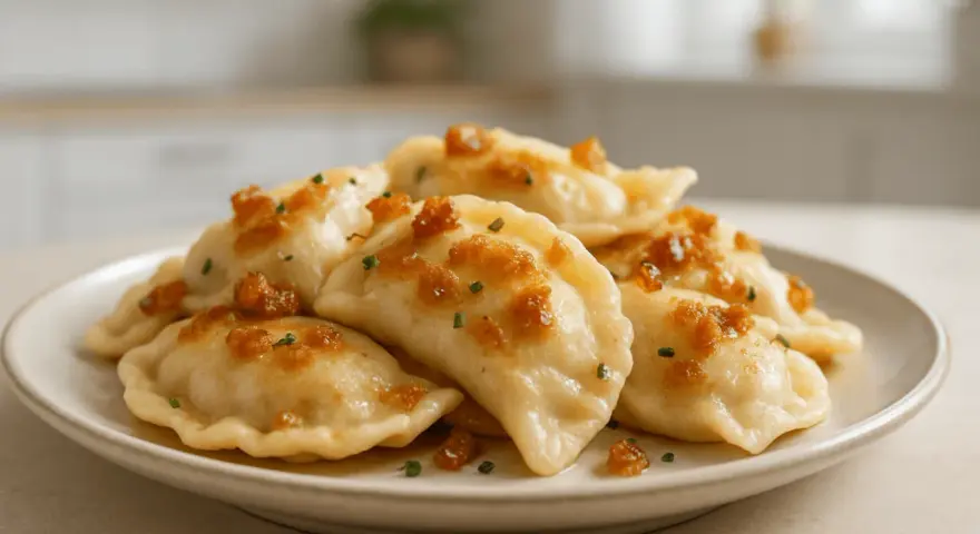Pyszne pierogi ruskie z ziemniakami i serem, polane skwarkami i szczypiorkiem, na talerzu.