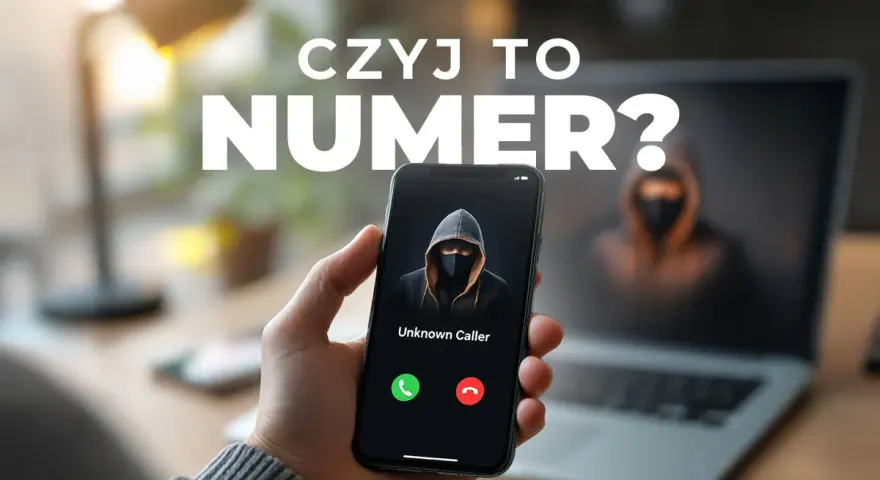 Dłoń trzyma smartfon z ekranem pokazującym nieznanego dzwoniącego. W tle laptop z podobną postacią.
