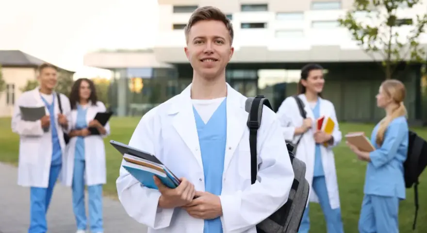 Uśmiechnięty student medycyny z książkami, gotowy na wyzwania studiów psychologicznych. Wymagania są wysokie, ale cel jest jasny.