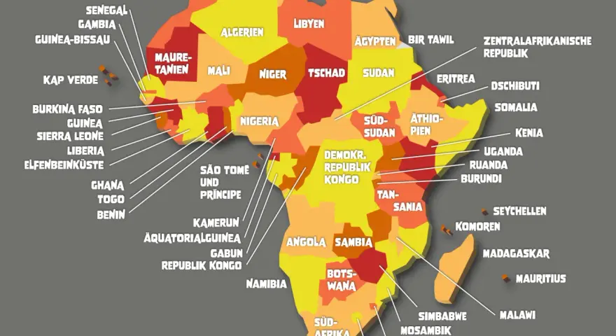Bunte Karte von Afrika mit vielen Ländern wie Marokko, Algerien, Nigeria, Ägypten und Südafrika.
