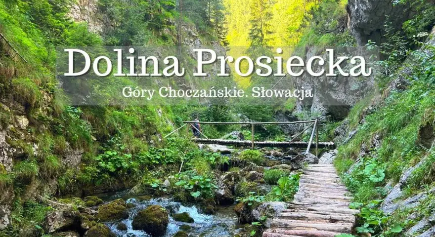 Malownicza ścieżka przez Dolinę Prosiecką w Górach Choczańskich. Drewniany mostek nad potokiem, skalne ściany porośnięte zielenią.