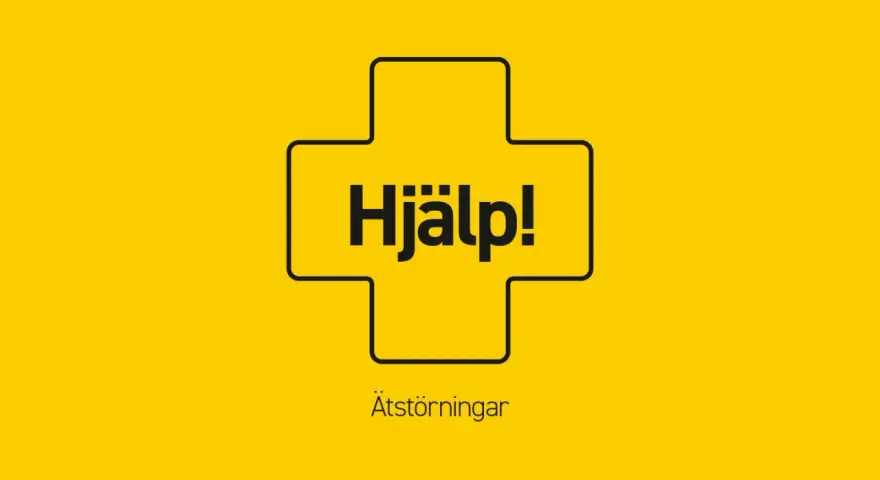 En gul bakgrund med en svart kontur av ett kors. I korset står texten "Hjälp!". Under korset står texten "Ätstörningar", vilket kan vara en del av olika typer av beroende.