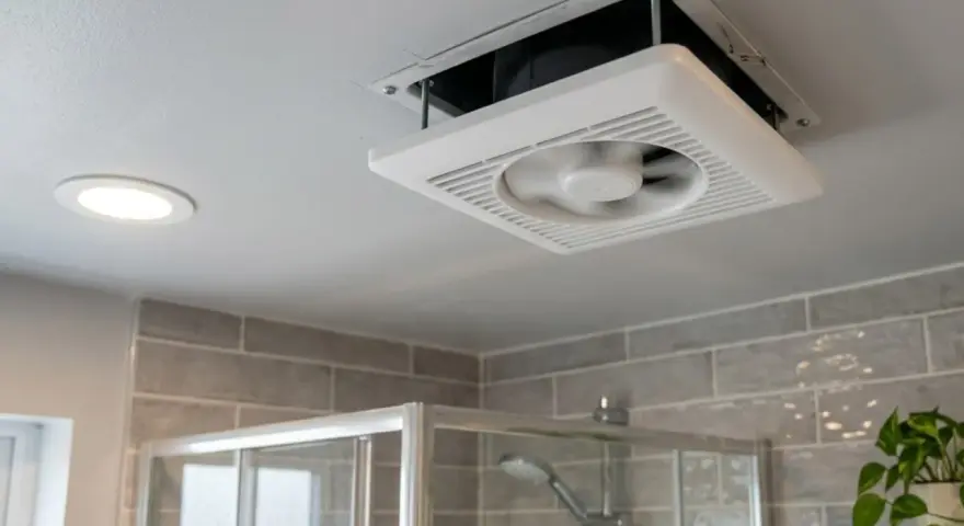 Extractor de baño siempre encendido, ventilando el espacio sobre la ducha. Una luz empotrada ilumina el techo.