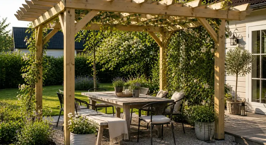 En vacker träpergola inbjuder till avkoppling. Ett runt bord med stolar och en bänk står redo för middagar utomhus.