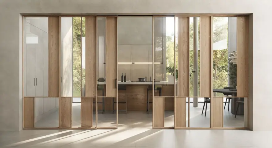 Porta scorrevole in legno e vetro, con riflessi che creano un effetto di profondità. Un esempio di **brutalismo interni** con un tocco di leggerezza.