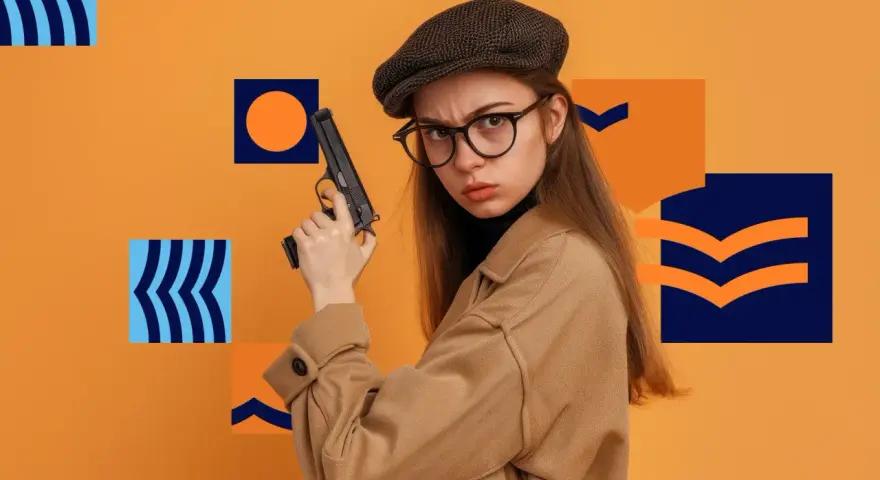 Dziewczyna w kaszkiecie i okularach trzyma pistolet. Może to symbolizować jej zainteresowanie kryminalistyka studia wymagania.