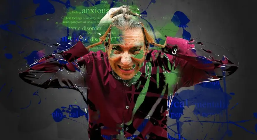 Un homme se tient la tête, l'air angoissé. Des éclaboussures vertes et bleues recouvrent l'image, évoquant le chaos mental. Le texte "anxious" et "panic disorder" apparaît, suggérant qu'il souffre peut-être d'acouphènes.