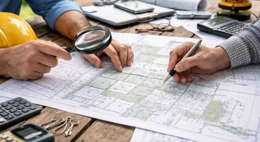 Dwóch mężczyzn analizuje mapę terenową, która przypomina dokumentację **ewidencji gruntów i budynków**. Na stole leżą kalkulator, lupa i przybory geodezyjne.