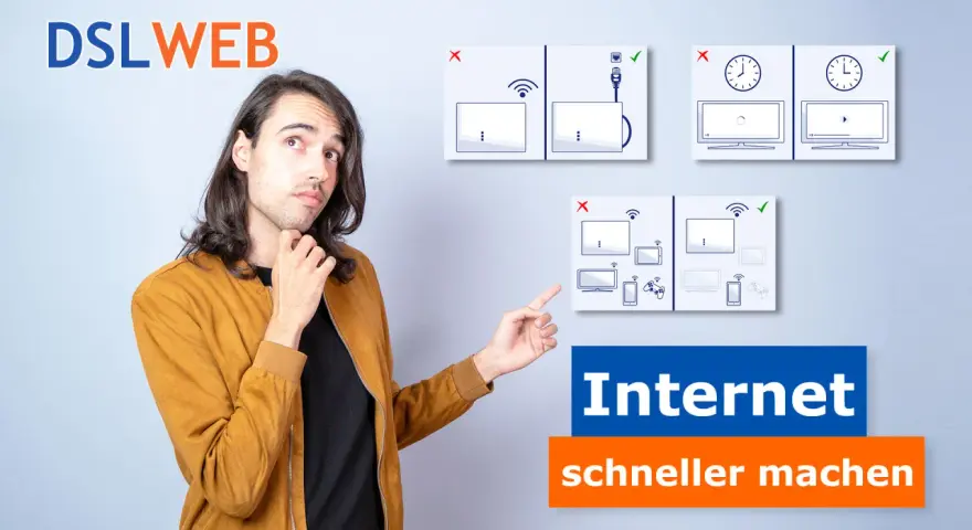 Mann erklärt, wie man das Internet schneller machen kann, indem man Geräte richtig verbindet und überlastete WLAN-Netzwerke vermeidet.
