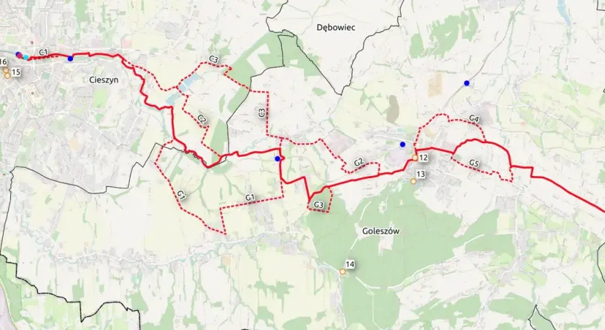 Mapa z zaznaczoną trasą rowerową w okolicach Cieszyna i Goleszowa. Widoczne punkty orientacyjne i oznaczenia szlaków, np. C1, G1.