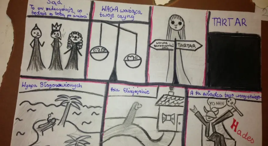 Komiks o Syzyfie: Sąd, waga czynów, rozdroża do Tartaru, Wyspa Błogosławionych, Pola Elizejskie i Hades.