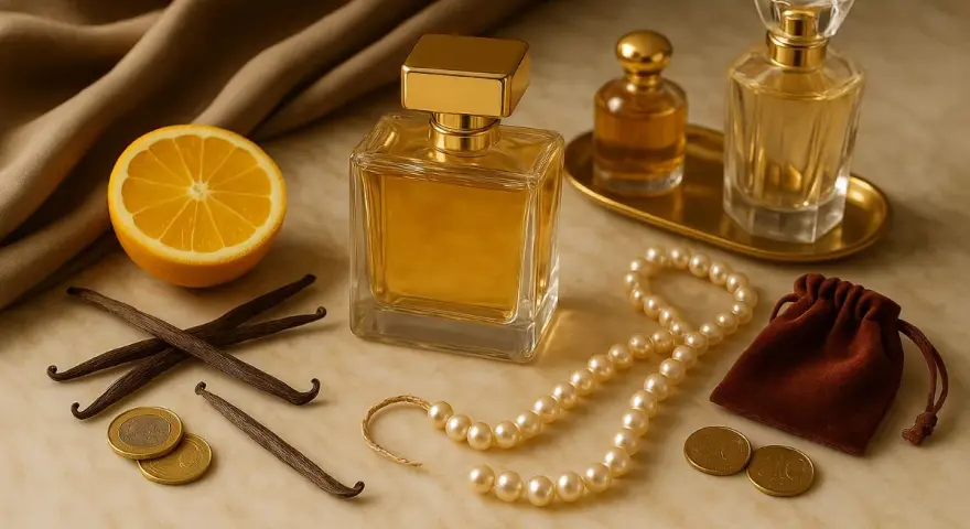 Eleganckie perfumy chic, z nutami wanilii i cytrusów, otoczone perłami i złotymi monetami.