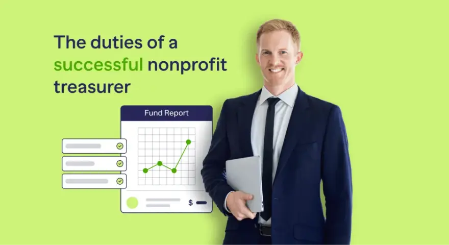 A smiling man in a suit holds a tablet, with a fund report graphic showing growth. He embodies the duties of a successful nonprofit treasurer.