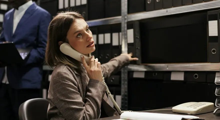 Kobieta, pracująca jako kryminolog, odbiera telefon w archiwum pełnym akt.
