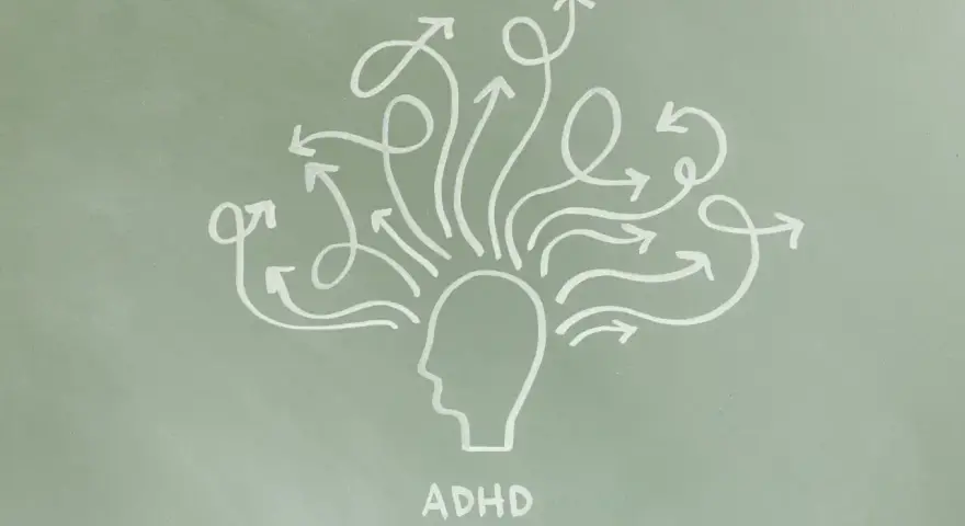 Ilustracja przedstawia głowę z mnóstwem strzałek wychodzących z niej we wszystkich kierunkach, symbolizującą ADHD typ mieszany i natłok myśli.