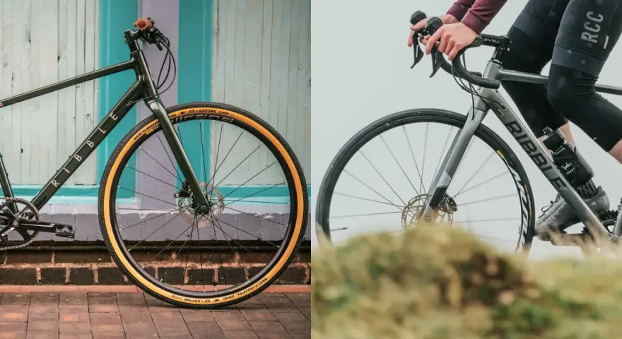 Left: a dark green commuter bike with tan tires. Right: a grey hybrid bike with a rider, ready for adventure.