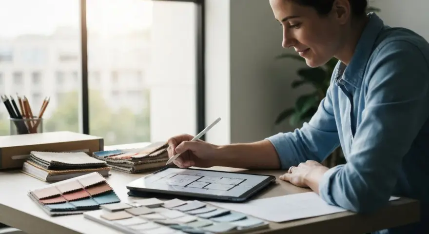 Une designer utilise une tablette pour apprendre comment dessiner une chaise facile. Elle est entourée d'échantillons de tissus et de crayons.