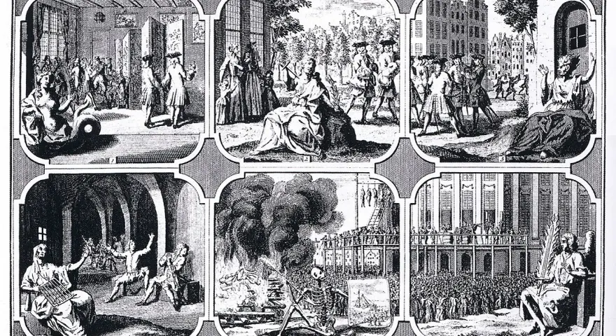 A series of engravings depicting historical punishments, possibly related to what is sodomy, showing trials, executions, and public shaming.