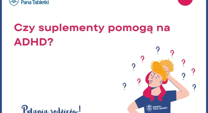 Rodzice zastanawiają się, czy suplementy pomogą na ADHD. Ilustracja przedstawia zamyśloną osobę z dzieckiem na ramionach, otoczoną znakami zapytania.