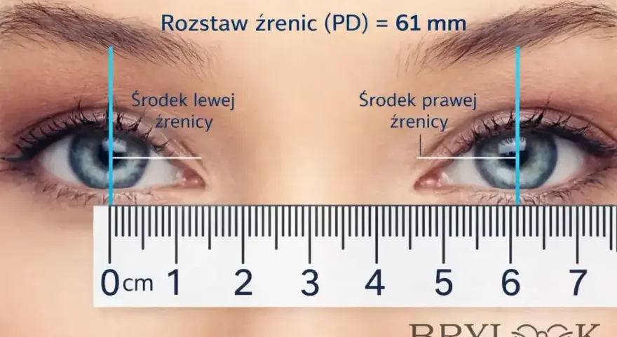 Pomiar rozstawu źrenic (PD) 61 mm. Jedno oko mniejsze od drugiego? Nie, to tylko perspektywa. Miarka pokazuje symetrię.