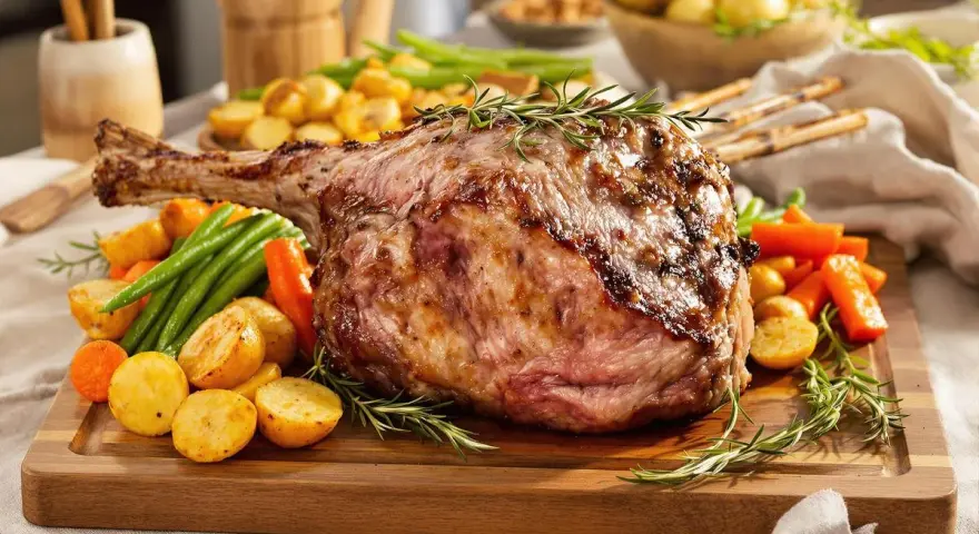 Gigot d'agneau cuisson lente 4 heures, rôti à la perfection, servi avec des pommes de terre rôties, des carottes et des haricots verts.