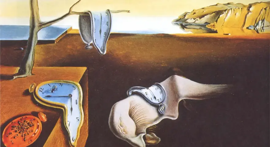 Paysage onirique, horloges molles, un objet orange couvert de fourmis. Un exemple du mouvement dada et surréalisme.