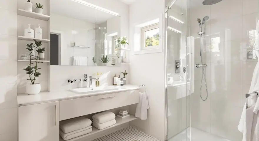 Une petite salle de bain moderne et lumineuse avec une douche vitrée, un lavabo suspendu et des étagères remplies de plantes et de produits de soin.