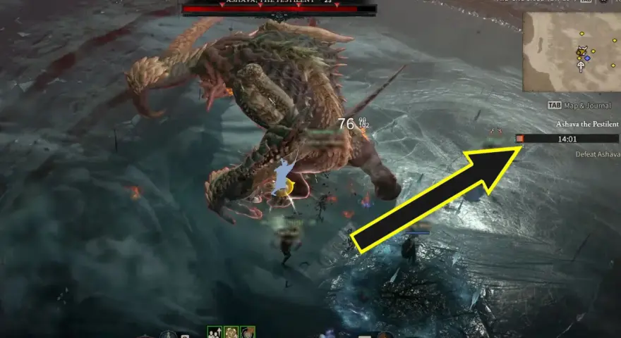 Gracze walczą z Ashavą, potężnym world boss diablo 4, w mroźnym otoczeniu. Czas ucieka, a cel to pokonanie bestii.