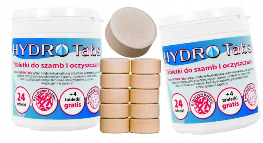 Tabletki HYDRO Tabs to rozwiązanie, co wsypać do szamba żeby nie śmierdziało. Preparat z bakteriami i enzymami usuwa nieprzyjemne zapachy i rozkłada zanieczyszczenia.