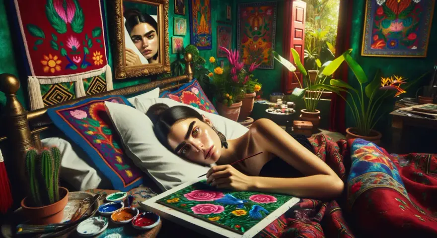Frida Kahlo, dans son atelier coloré, peint son premier autoportrait, entourée de plantes et de textiles vibrants.