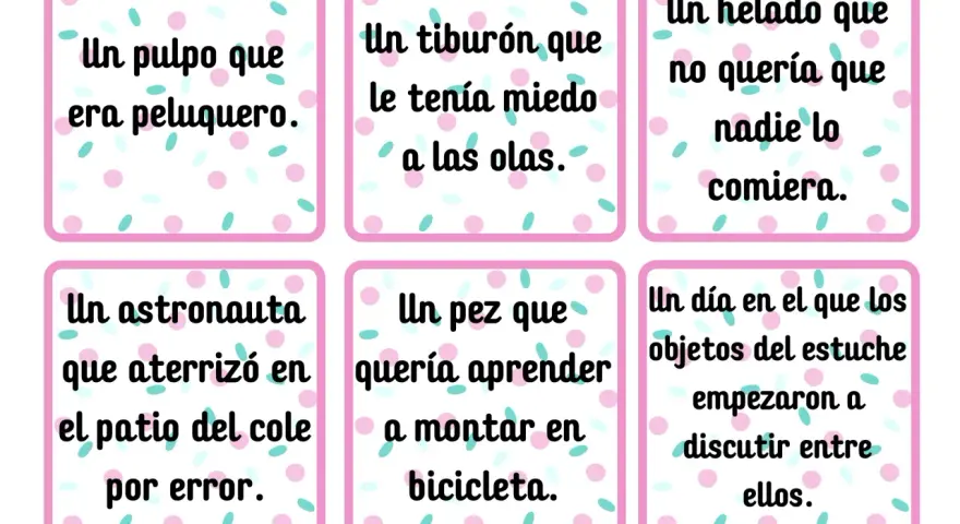 Tarjetas con ideas para escribir un relato: pulpo peluquero, tiburón miedoso, helado que no quería ser comido, astronauta en el patio, pez ciclista y objetos que discuten.