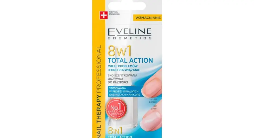Eveline 8w1 Total Action – najlepsza odżywka do paznokci po hybrydzie. Wzmacnia i regeneruje, przywracając im zdrowy wygląd.