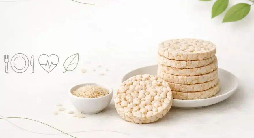 Stos wafli ryżowych z miseczką ryżu. Idealne na zdrową przekąskę, niskokaloryczne wafle ryżowe kcal.