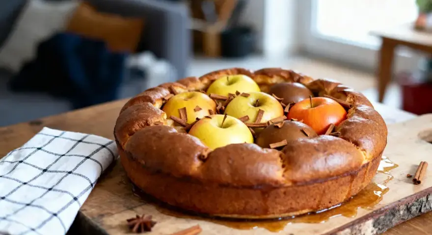 Une délicieuse flognarde aux pommes, dorée et garnie de fruits frais et de bâtons de cannelle, prête à être dégustée.