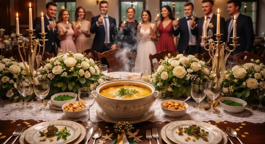 Elegancka zastawa stołowa z kwiatami i potrawami, a w tle goście weselni. Talerzyk na weselu to koszt, który zależy od wielu czynników.
