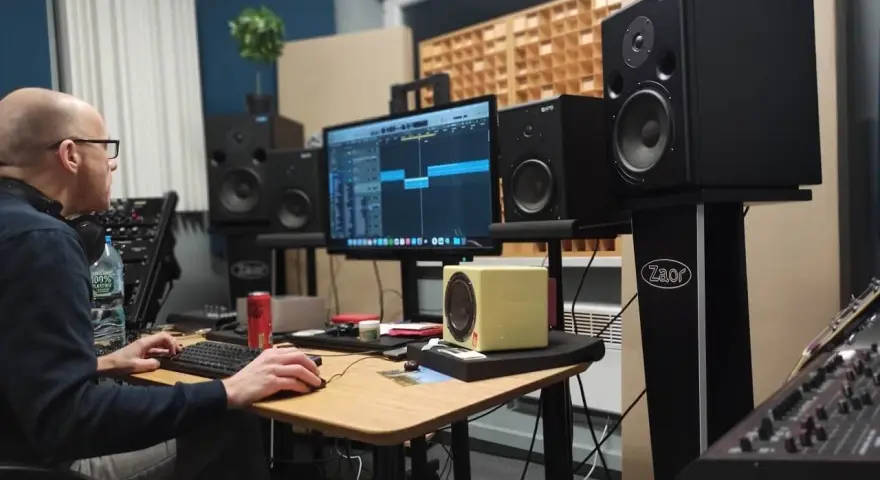 Producent muzyczny pracuje nad miksem i masteringiem w domowym studio. Na ekranie widać sekwencer, a wokół monitory studyjne.