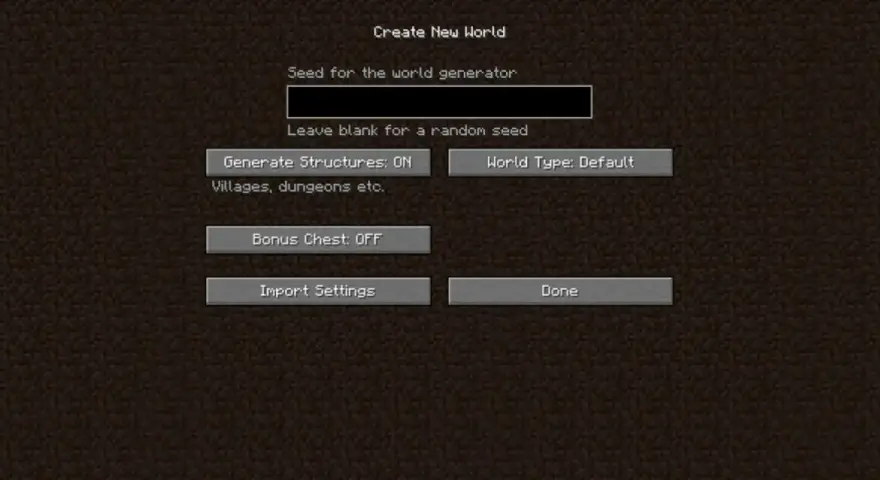 Pantalla de creación de mundo en Minecraft. Introduce tus semillas de Minecraft favoritas o deja en blanco para una aleatoria.