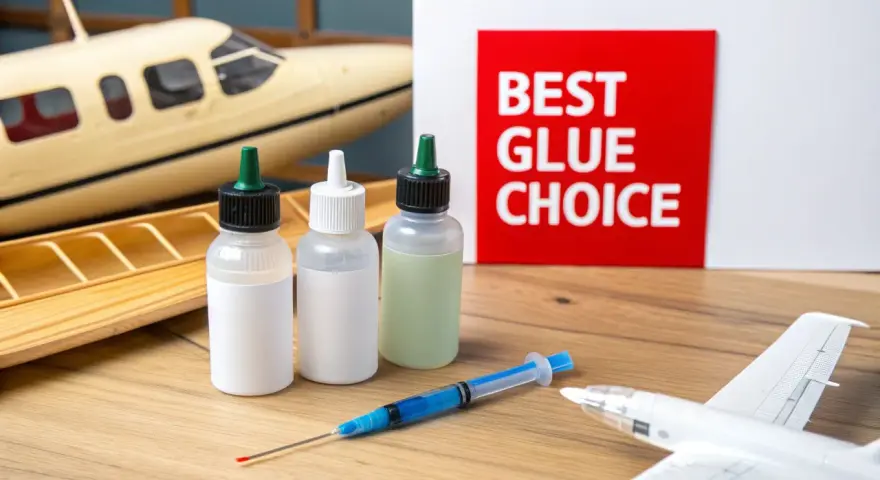Three bottles of model glue and a syringe sit on a wooden surface next to model airplanes. A red sign reads "BEST GLUE CHOICE.