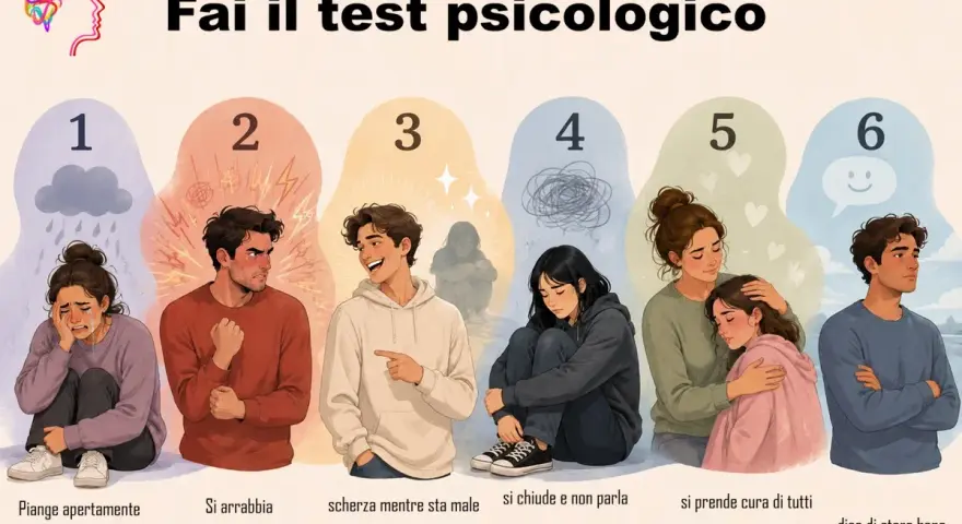 Illustrazione che mostra diverse reazioni emotive, da piangere a scherzare, utili per un test sulla depressione.