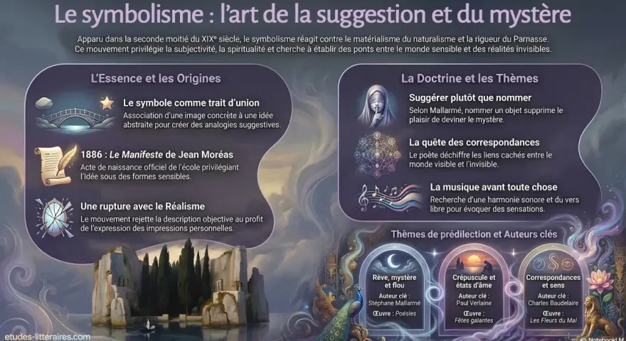 Le symbolisme, art de la suggestion, explore le mystère. Il privilégie l'analogie et la quête des correspondances, comme le montre l'image.