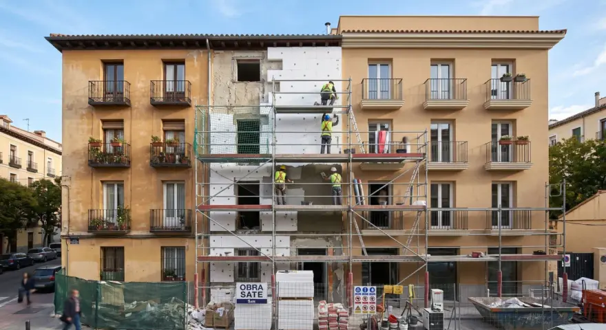 Obreros instalan aislamiento térmico en fachada de edificio. Se ve el **sate lana de roca** en bloques blancos, andamios y materiales de construcción.