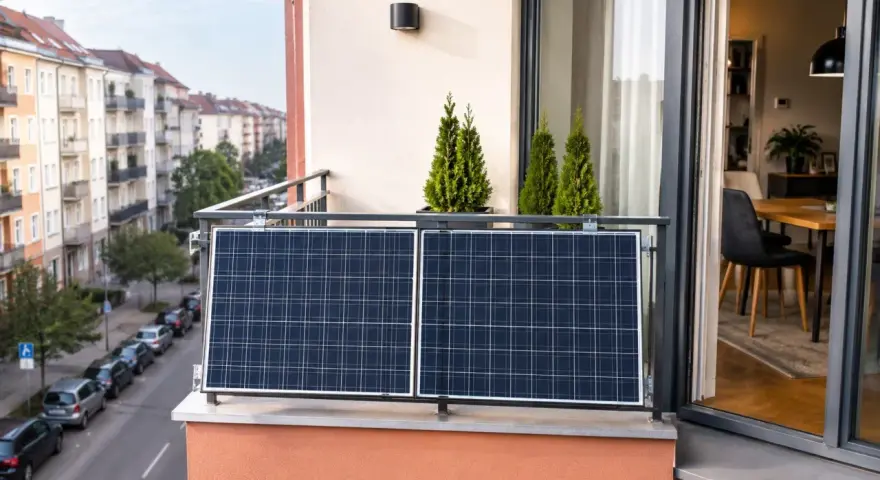 Mini elektrownia słoneczna na balkonie, z widokiem na ulicę i kamienice. Dwa panele fotowoltaiczne łapią promienie słońca.