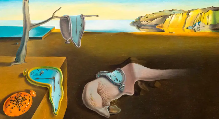 Smältande klockor i ett surrealistiskt landskap, ett klassiskt verk av Salvador Dalí konst.