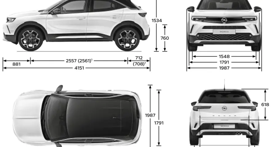 Opel Mokka wymiary: długość 4151 mm, szerokość 1791 mm, wysokość 1534 mm. Kompaktowy SUV z wyraźnymi proporcjami.