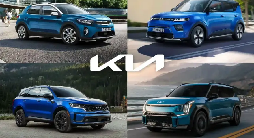 Cztery różne modele suv kia w odcieniach niebieskiego i turkusowego, prezentowane w różnych sceneriach.