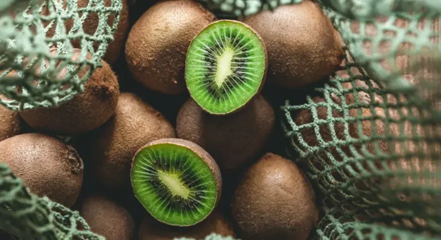 Kiwi freschi in una retina verde, pronti per essere gustati. Un'immagine che evoca il momento quando si raccolgono i kiwi.