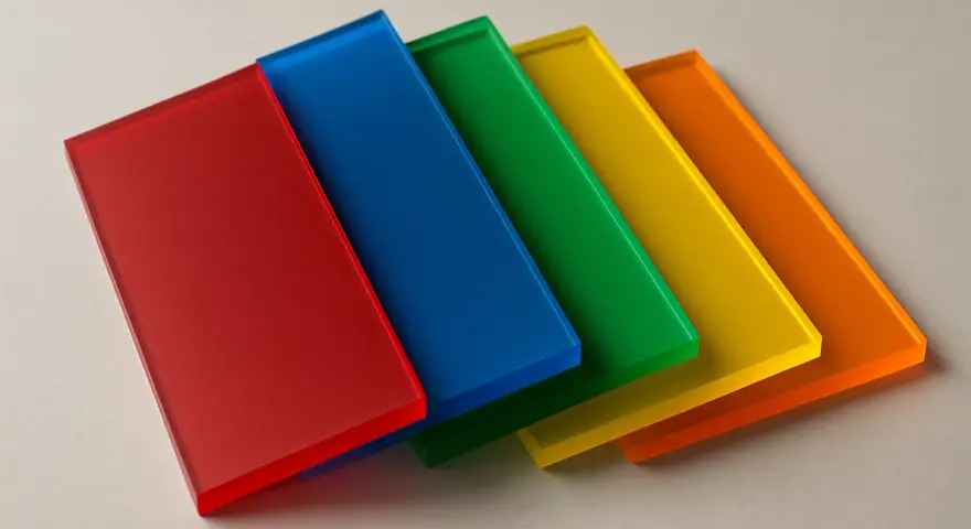 Five colored acrylic sheets (red, blue, green, yellow, orange) arranged in a row, demonstrating how to layer resin without lines for a smooth, vibrant finish.