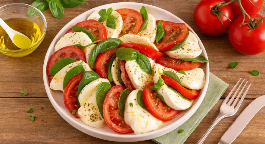 Ein klassisches Caprese Rezept: Scheiben von Tomaten, Mozzarella und frischem Basilikum, beträufelt mit Olivenöl.